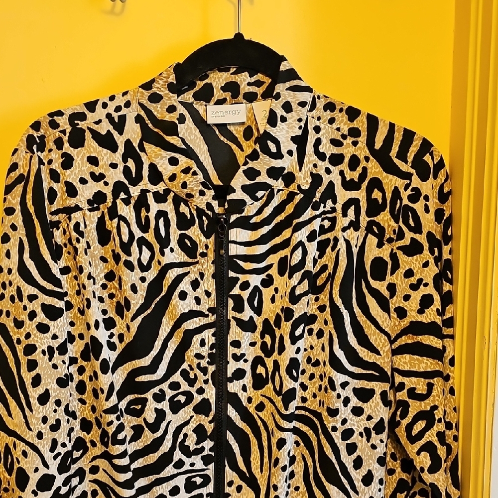 Chico's Black and Tan Bomber Jacket with Bold Animal Print